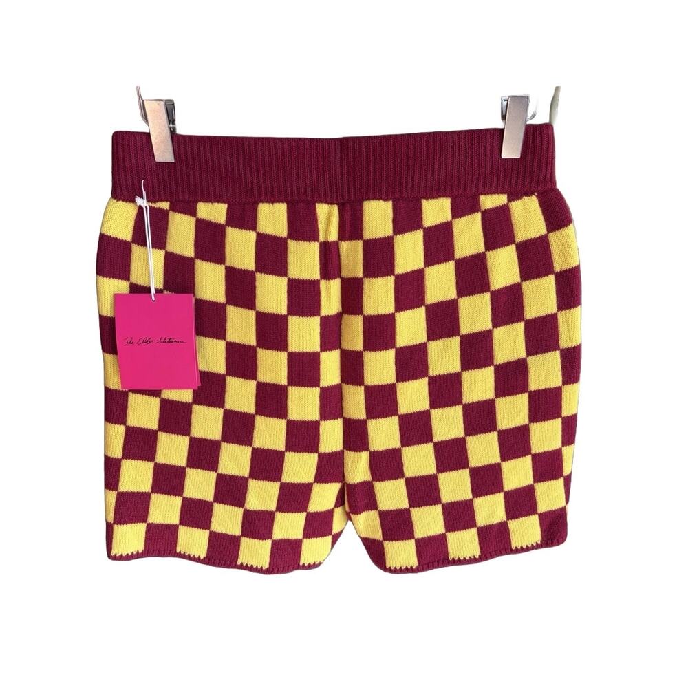 The Elder Statesman Checkerboard Knit Shorts Red Yellow Cashmere size Large